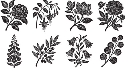 Black and white detailed botanical and floral vector illustrations set featuring roses fuchsia and olive branch © rofikgraph24