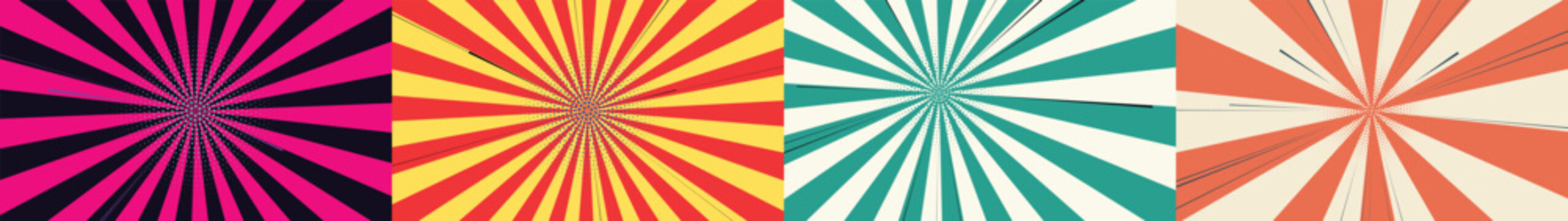 Comic book style sunburst radial background set with halftone dots