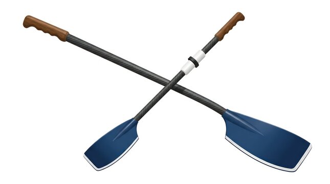 Two crossed rowing oars isolated on white. Professional boat paddles for water sports.