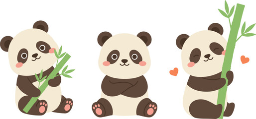 Obraz premium Cute Panda Vector Character Set Featuring Adorable Baby Pandas Holding Green Bamboo Stalks and Hearts for Kids Designs, Stickers, and Illustrations