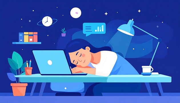 Woman working on laptop in home office at night.