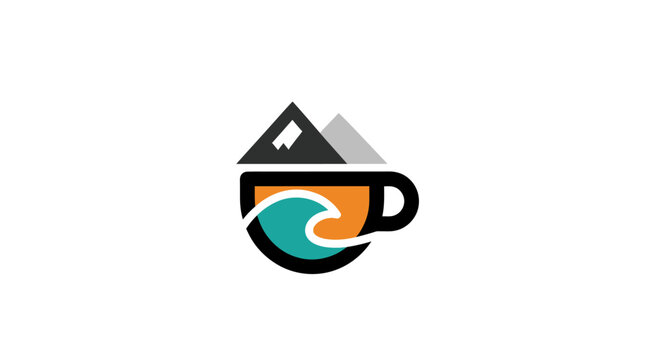 A minimalist graphic design featuring a coffee cup with mountain and wave shapes