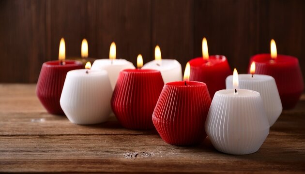 Kumpulan Lilin Merah Dan Putih Menyala Di Atas Meja Kayu Suasana Hangat