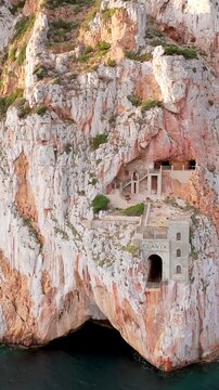 Aerial view of the historic mining port of Porto Flavia, Sardinia in Italy.