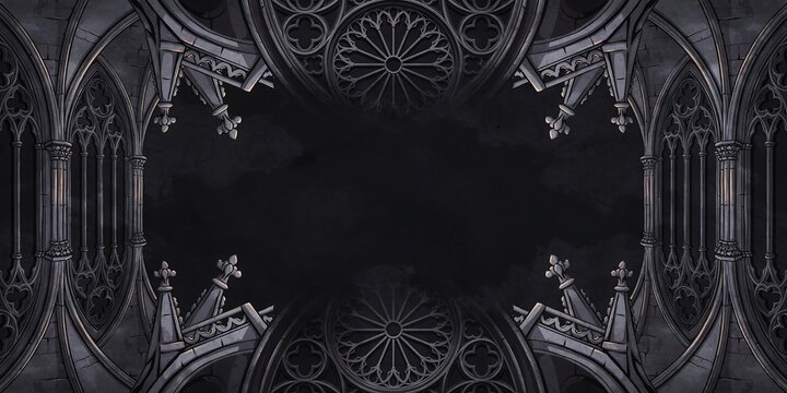 Stunning gothic architectural frame design with intricate stone arches and rose window elements creating dark moody atmosphere for historical fantasy or religious ceremony concepts.