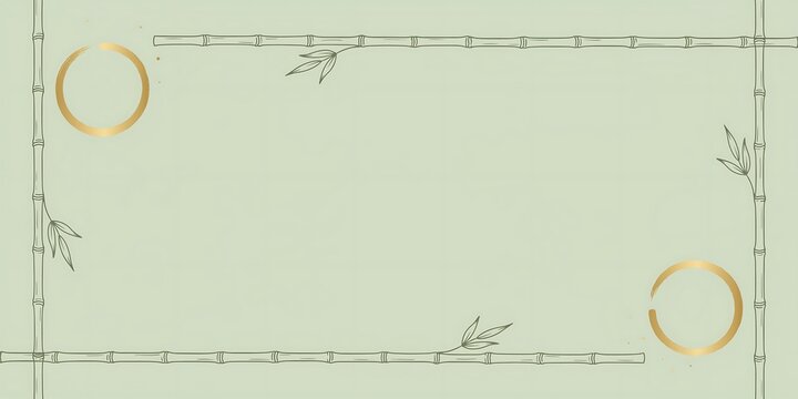 Minimalist zen frame featuring delicate green bamboo stalks and elegant gold circle accents on a clean light sage background perfect for wellness and spiritual meditation projects.