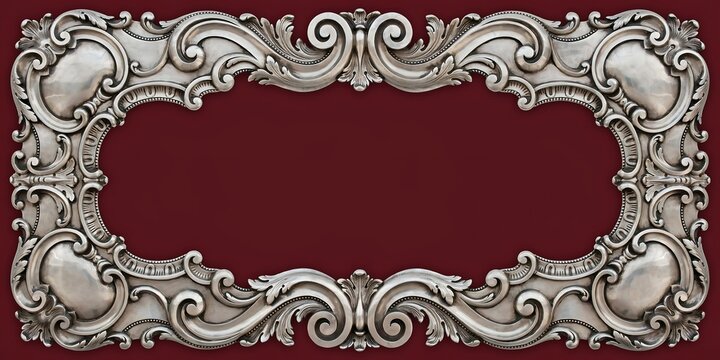 Ornate silver picture frame with intricate baroque scrollwork details isolated on dark red background for luxury invitation card or classic elegant border element for digital projects.