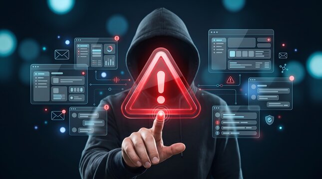 Cybersecurity threat concept with anonymous hacker triggering red warning alert on futuristic digital dashboard