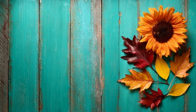 Vibrant Sunflower And Autumn Leaves On Rustic Turquoise Wooden Background