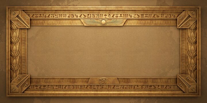 Ancient egyptian gold stone frame with hieroglyphs carved symbols and pharaonic imagery on brown papyrus texture background for historical museum exhibition or archaeological project.