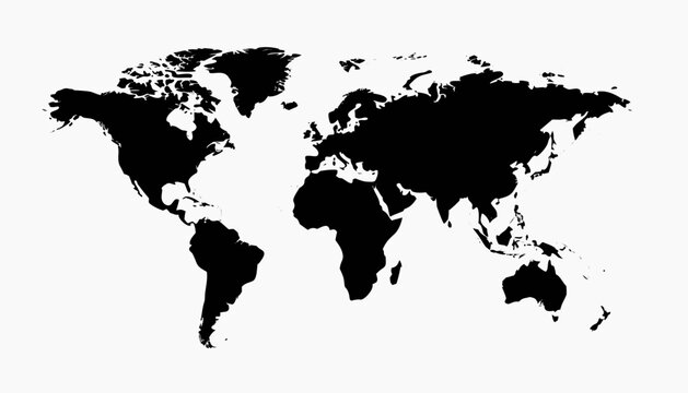 Black silhouette map of world continents outline vector graphic