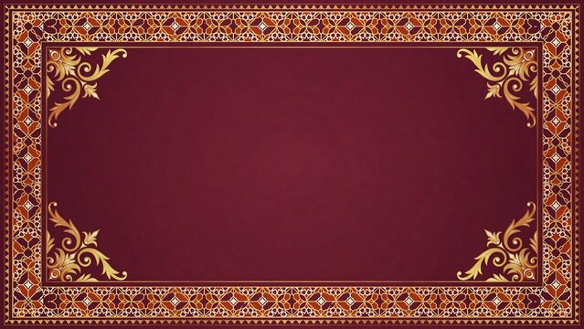 Ornate golden arabesque frame with intricate Islamic geometric patterns on a rich deep maroon red textured background, perfect for luxurious invitations and certificates.