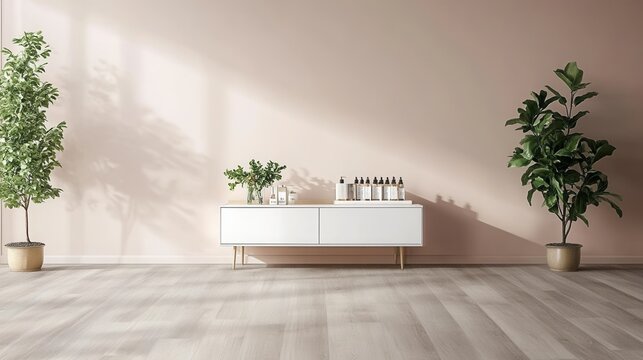 Modern living room with plants and a console