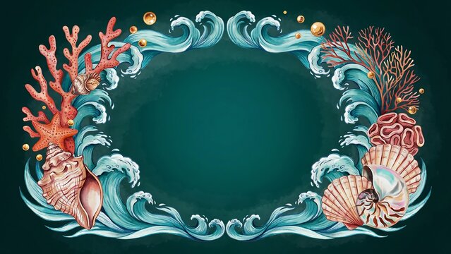 Watercolor ocean frame with waves, coral, seashells, and pearls on dark teal background, marine life illustration.