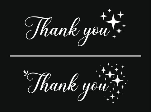 Elegant white calligraphy thank you text designs with decorative sparkling stars isolated on a solid dark black background surface