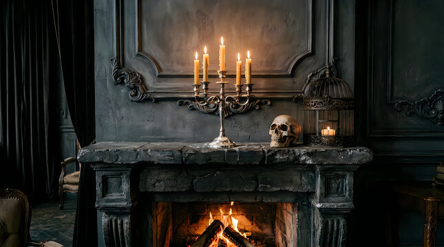 Gothic fireplace with candles and skull. Dark spooky interior for Halloween decor.