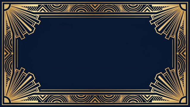 Art deco border frame with golden geometric lines on dark navy blue background luxury invitation design template for elegant wedding greeting card certificate document cover layout.