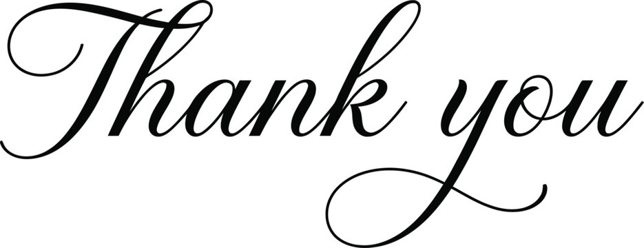 Elegant black cursive calligraphy script writing of the phrase thank you isolated on a clean plain white background surface