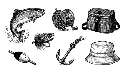 Vintage Fishing Adventure and Angling Sport Vector Icon Set with Fish Lure Basket Bobber Anchor and Hat Elements for Outdoor Branding © Mst Rebeka