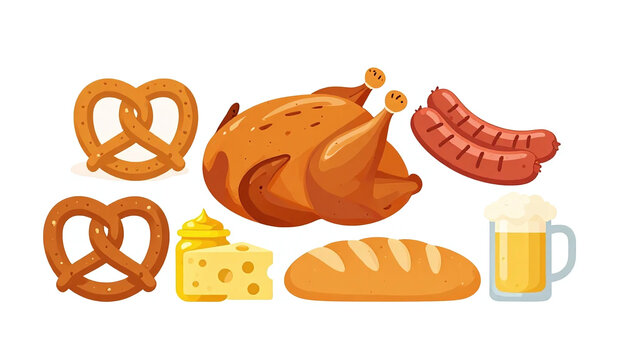 Traditional roasted turkey with sausages, pretzels, cheese, bread, and beer on white background for festive meal or Oktoberfest celebration
