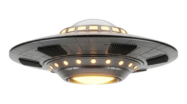 Futuristic 3d ufo flying saucer hovering ship with transparent background