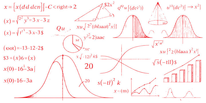 Red statistical graphs and mathematical formulas with bell curves vector illustration for science education background.