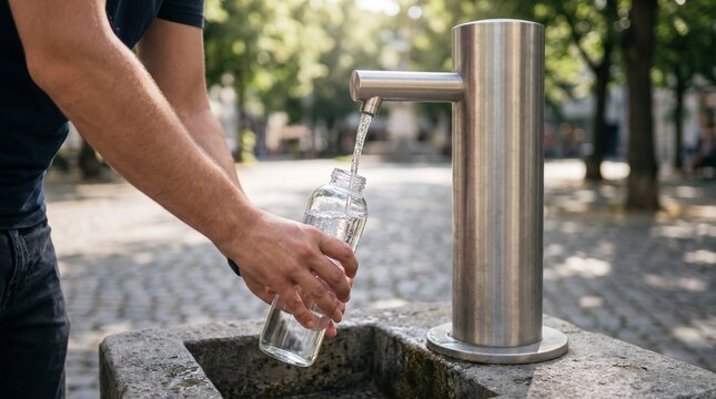 Man filling reusable glass water bottle from public outdoor fountain