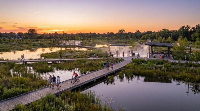 People walking and cycling on a wooden boardwalk in a scenic wetland park at sunset
