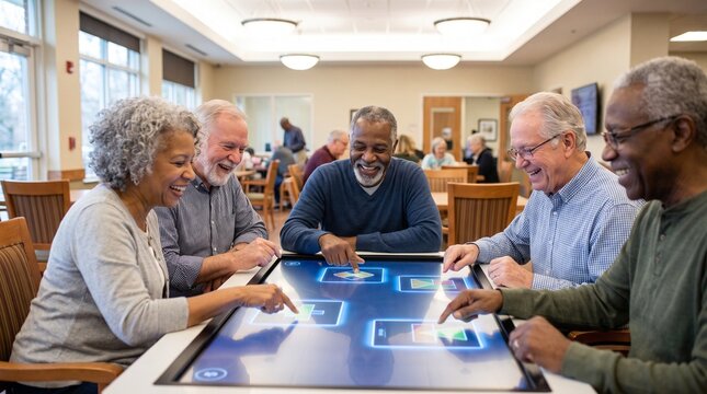 Diverse group of happy seniors interacting with a large digital touchscreen table in a community center