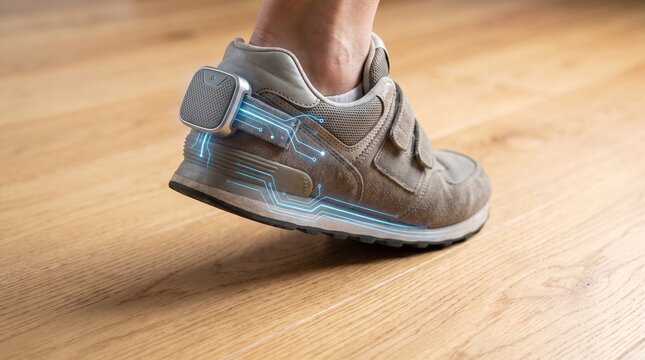 Futuristic smart sneaker with glowing digital sensor technology for step tracking and biomechanical analysis