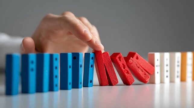 Hand holding red gift box with blue gift boxes in background on white surface