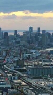 Aerial view of Port of Vancouver, harbour and mountains on the background