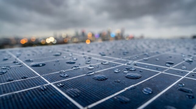 Solar panels with raindrops on a cloudy day with city skyline background