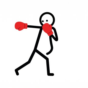 Boxer stick figure wearing red gloves practices throwing a jab in a minimalist fighting stance.