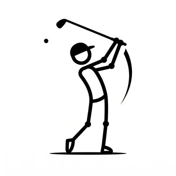 Golfer stick figure swings a club to hit a small ball on a clean white background.