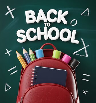 Back to school concept with a red backpack filled with colorful stationery against a green chalkboard background