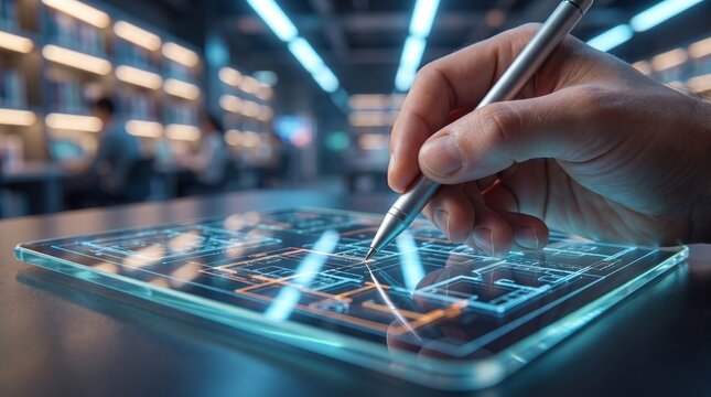 Close-up of hand using stylus on interactive glass digital display in futuristic tech office