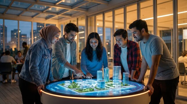 Diverse Team of Architects Collaborating Around a Glowing Holographic Smart City Model in Modern Office