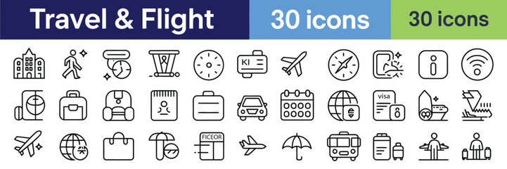Flight and Travel Web Icons Linear Style Vector Illustration Featuring Airport Services, Aviation, Airplane, Passport, Airline Operations, Boarding Pass, Flight Routes and Editable Stroke Design © Designr