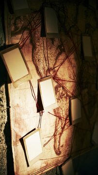 an old map pinned to a wall with blank photos connected by red string, moody sepia tone lighting