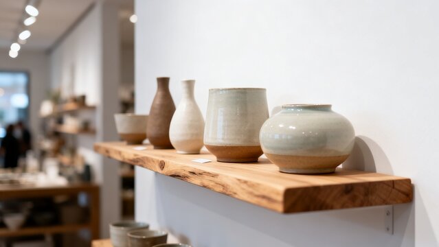 Independent retail display with ceramic pieces natural wood shelf local ret