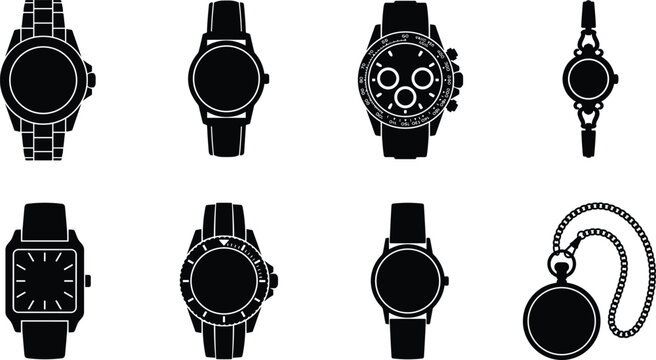 Men's and Women's Wristwatch Styles Silhouette Icon Set Featuring Steel Bracelet Sports Watch, Classic Dress Watch, Chronograph Watch, Jewelry Bangle Watch, 