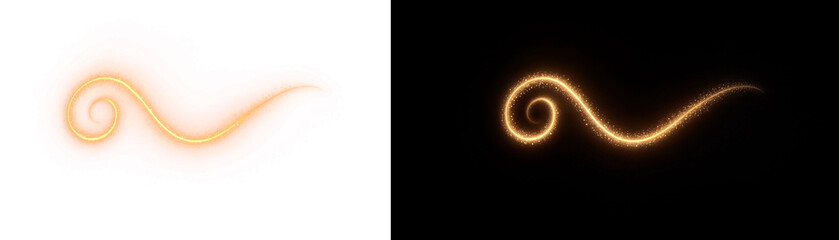 Glowing golden light swirl, abstract magic trail on black and white background, luminous fire spark © Vectrology