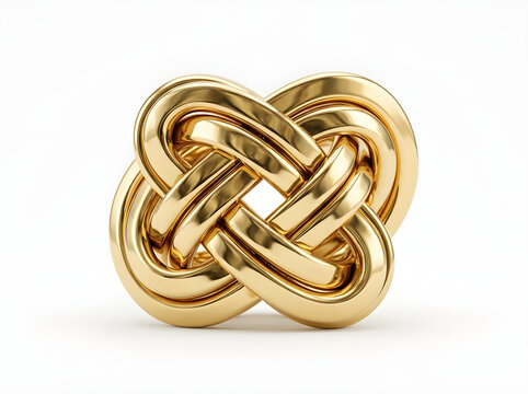 Shiny gold metallic knot sculpture with a continuous loop and smooth reflective surface isolated on a plain white background view