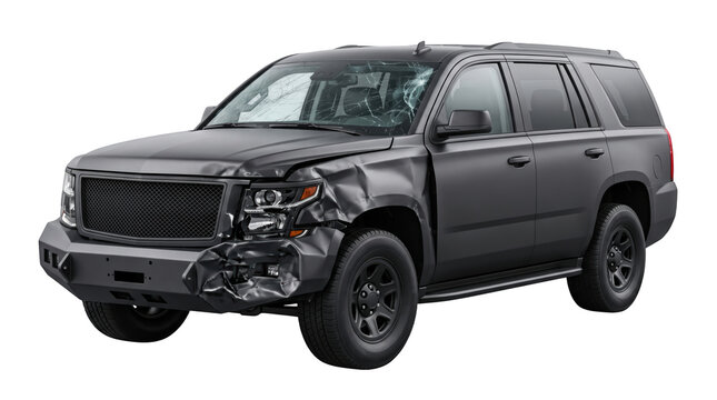 Black suv car with front bumper damage after a road accident isolated on transparent background