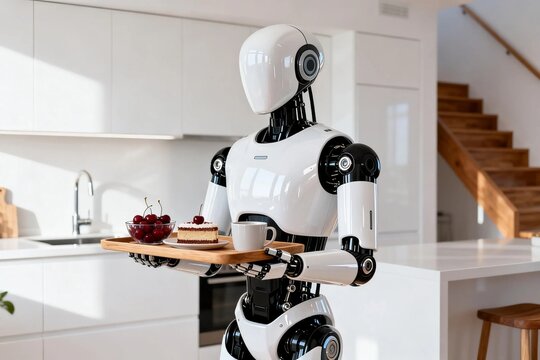 Humanoid robot serving dessert and coffee in a modern kitchen