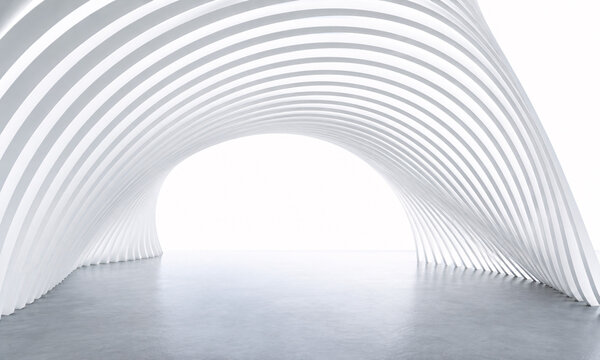 Futuristic white architectural interior with parametric curved arches creating a bright modern tunnel space