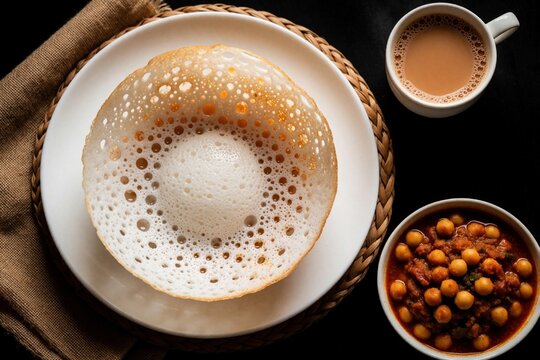 Appam pancake with Kadala chickpea curry, masala chai tea on dark surface. Indian breakfast food from Kerala served on white plates with burlap cloth. Traditional vegan meal for brunch time. Homemade