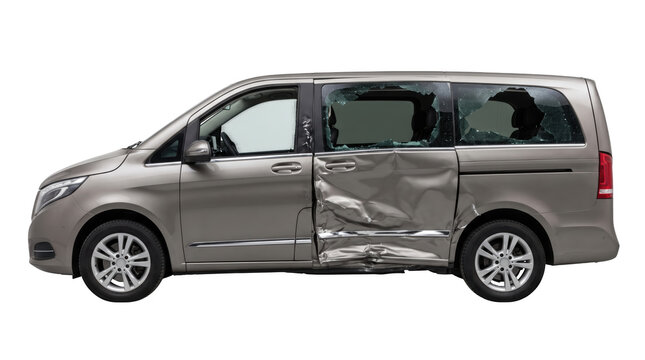Side view of a modern brown minivan with a large dent on the side door after a car accident isolated on transparent background