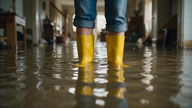 Person wearing bright yellow rubber boots standing inside a home filled with deep flood water reflecting light in a dark room during a severe weather crisis